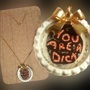 Vtg art deco You are a dic$ decoupage bow naughty adult graphics necklace NWT